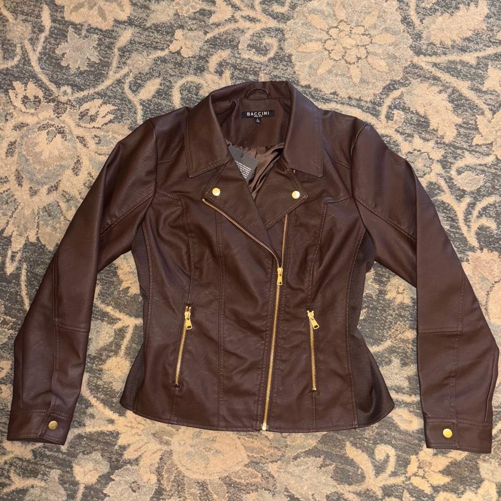 Baccini Brown Leather Jacket with Gold Accents